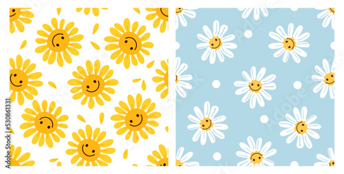 Seamless pattern with sunflower cartoons on white background. Seamless pattern with daisy flower and dot on blue background vector illustration.