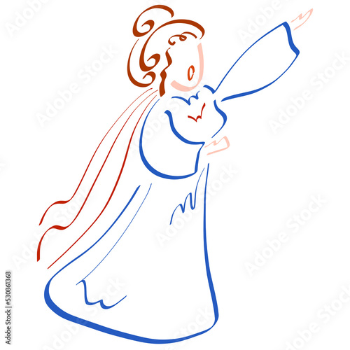 loudly singing opera singer in a long blue dress and cape, stage image, abstract colorful sketch