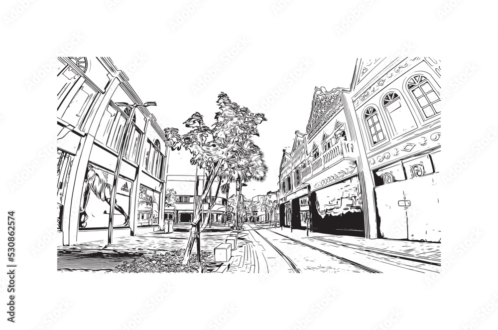 Fototapeta premium Building view with landmark of Oranjestad is the capital of Aruba. Hand drawn sketch illustration in vector.