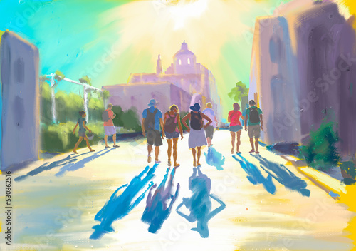 People Walking towards Sunset in Oia, Santorini, Cyclades, Greece.