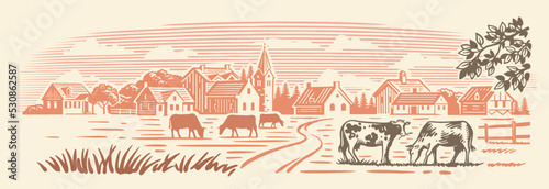 Cows on fram meadow vector. Hand drawn sketch livestock