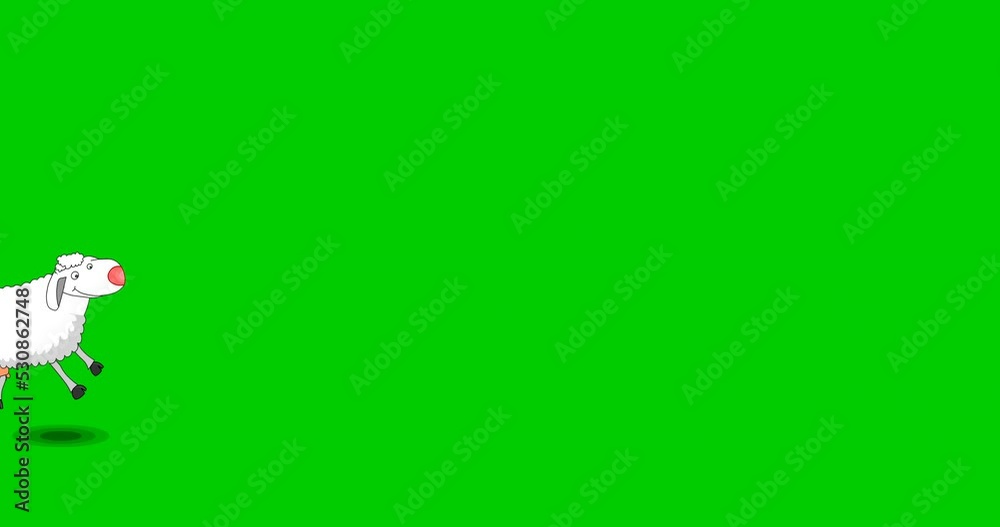 Sheep run, jump, count cycle animated. Cute toon lamb character hop, skip over fence, barrier. Green screen alpha back. Escape farm. for sleeping, insomnia. Loop cartoon footage animation