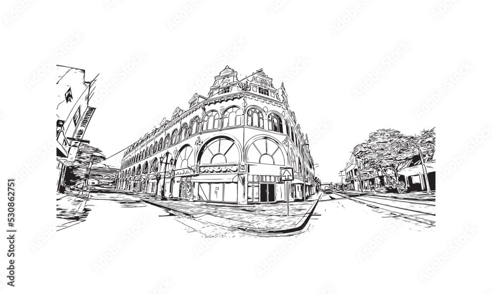 Building view with landmark of Oranjestad is the 
capital of Aruba. Hand drawn sketch illustration in vector.