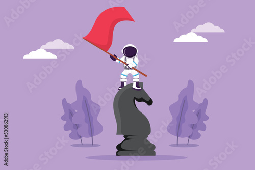 Graphic flat design drawing young astronaut standing on top of big horse knight chess and waving a flag in moon surface. Winning competition. Cosmonaut outer space. Cartoon style vector illustration