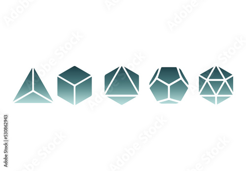 Platonic solids, five regular polyhedra, geometry, tetrahedron, cube, octahedron, dodecahedron, icosahedron, isolated photo