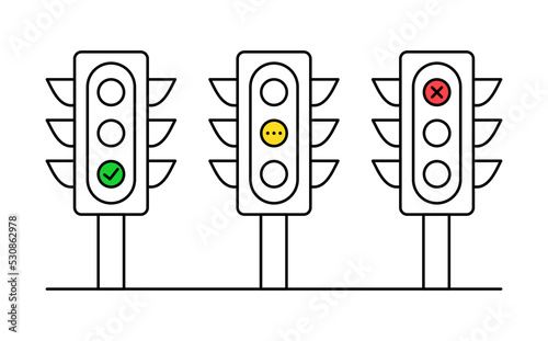 Vector traffic light icons. Set line icon. Editable stroke. Red yellow green sign. Permissive deny waiting signal. Simple traffic road sign. Regulatory stoplight safety street