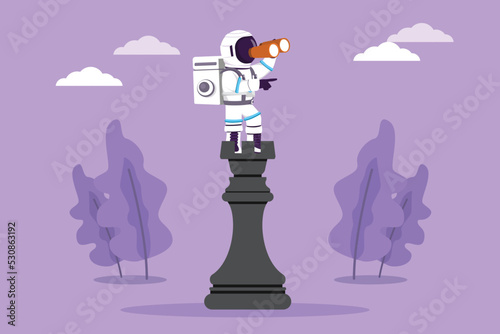 Character flat drawing young astronaut standing on top big rook chess piece using telescope looking for opportunities in moon surface. Cosmonaut deep space concept. Cartoon design vector illustration