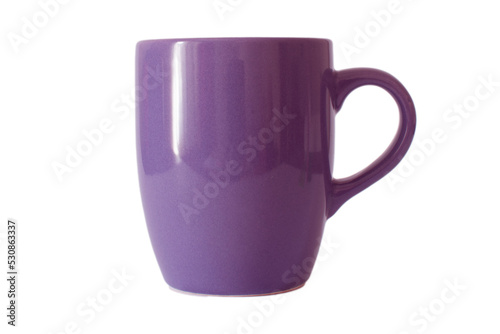 Shiny ceramic purple color mug or cup for tea, coffee, hot beverage or water. Isolated background, selective focus.	