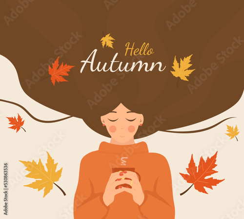 Hello Autumn greeting card design. Young Girl with Long Hair and Leaves Decorated Background.