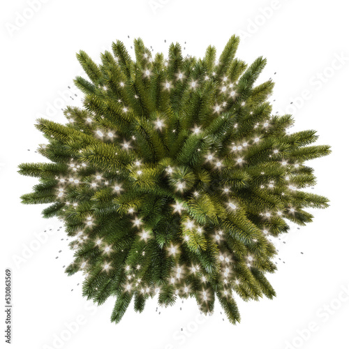 Green Christmas tree, top view on a white background, decorated with small glowing lights. 3D rendering.