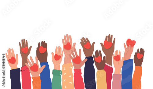 Volunteer people group concept banner. Various people hold the heart. Charity and volunteering. Support and assistance. Multicultural and multiethnic community