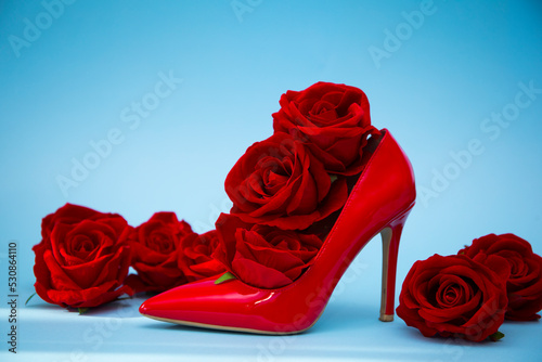 Red shoes woman. Fashion photo. Beauty. Shoes. red roses. Valentine day 