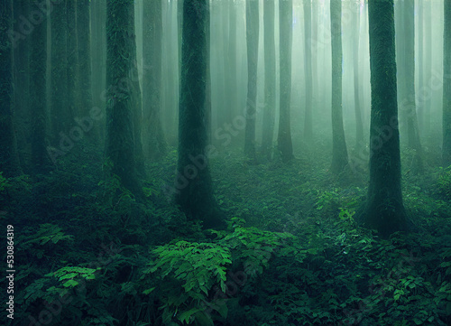 lush green forest with fog