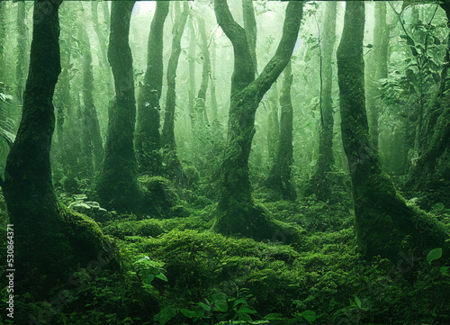 lush green forest with fog
