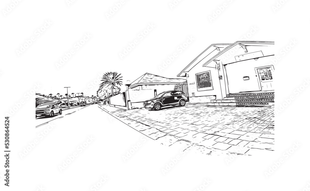 Building view with landmark of Oranjestad is the 
capital of Aruba. Hand drawn sketch illustration in vector.