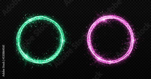 Set of color rings with fire shiny effects. Fiery burning rings twinkle on transparent background.