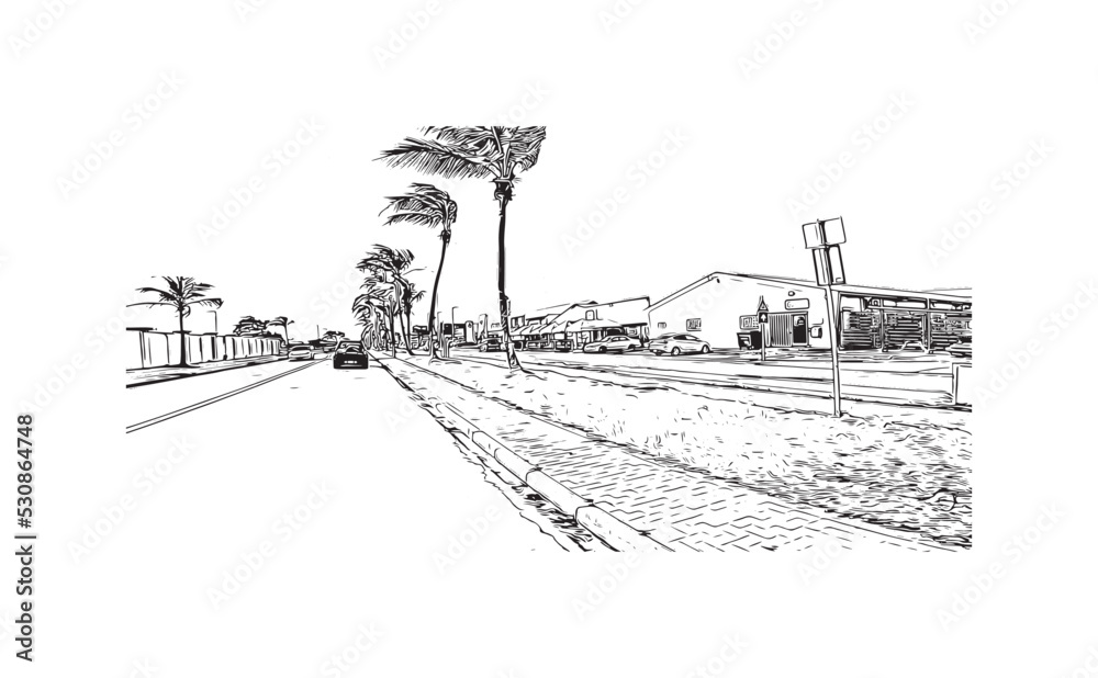 Obraz premium Building view with landmark of Oranjestad is the capital of Aruba. Hand drawn sketch illustration in vector.