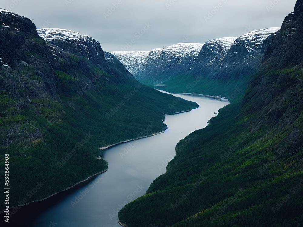 Norwegian fjords with clouds and water