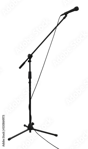 Classic microphone on stand with cable isolated on blue square background. Speaking or singing technology concept.