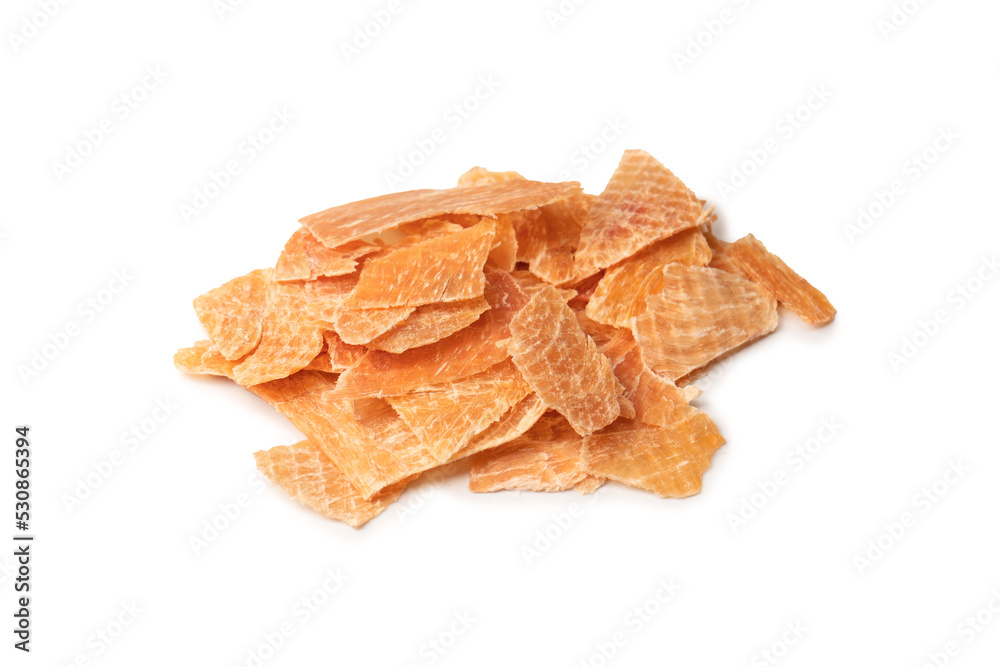 Group of tasty beer snacks. Dehydrated chicken meat slices.