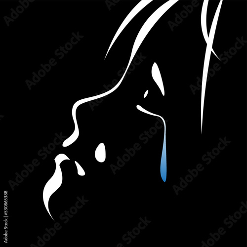 vector black and white image light and shadow face of a child with a tear flowing down his cheek. victim of violence, domestic violence, abuse, harassment. stop child abuse. social poster, print.
