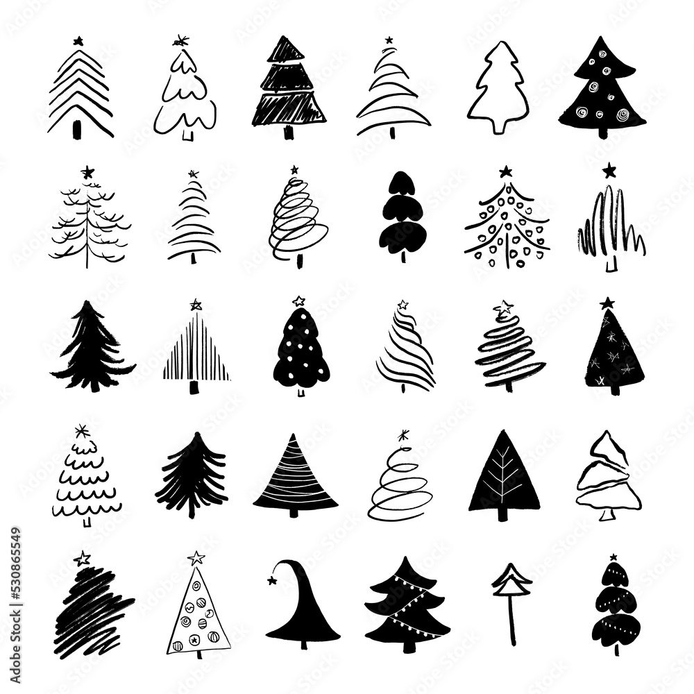 hand drawn Christmas trees set. Vector illustratio