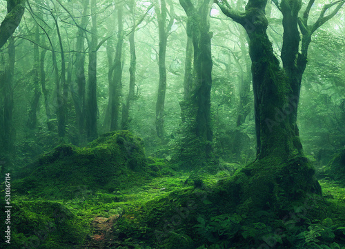 lush green forest with fog and haze