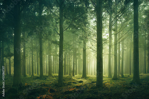 lush green forest with fog and haze