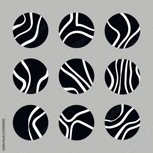 Trendy social media round cover design, social network stories and post, mobile apps, design. Template icons with geometric doodle elements. Set of various vector highlight covers, mockup.