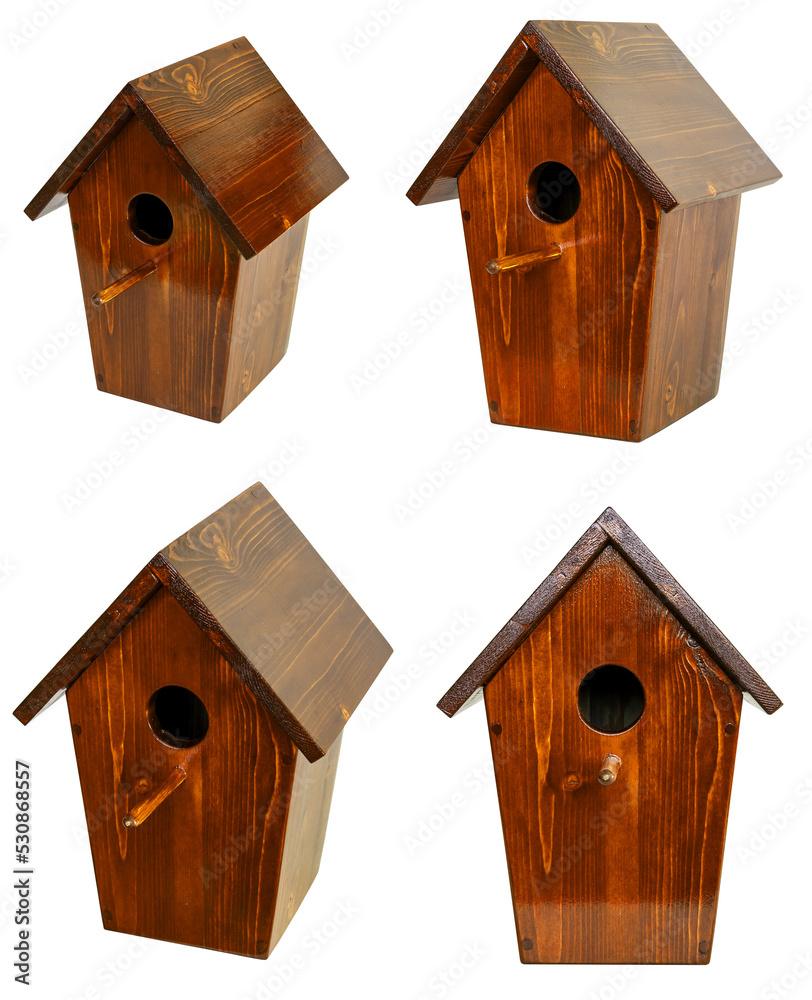 Birdhouse isolated on white background. Birdhouse made by hand. Wooden birdhouse for starlings from different angles. Birdhouse isolated on white background. Birdhouse made by hand. Wooden birdhouse for starlings from different angles.