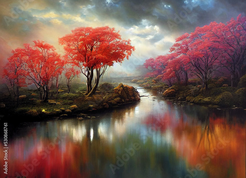 beautiful fantasy landscape with river and lush vegetation, digital art photo