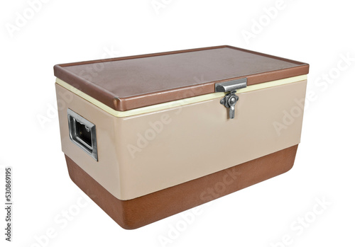 Vintage 1970's ice chest camping cooler isolated.