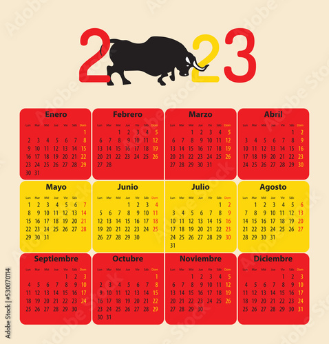 Spanish calendar for 2023. Bull body
