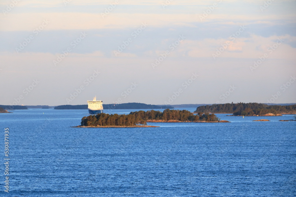 Beautiful early morning scenery with an open view of the natural environment and natural archipelago in front of turku in finland
