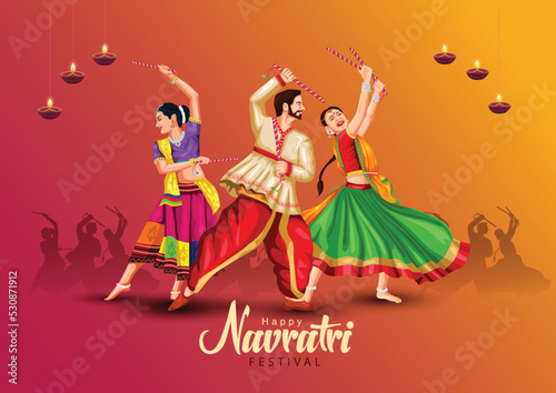 Garba Night poster for Navratri Dussehra festival of India. vector illustration of peoples playing Dandiya dance.