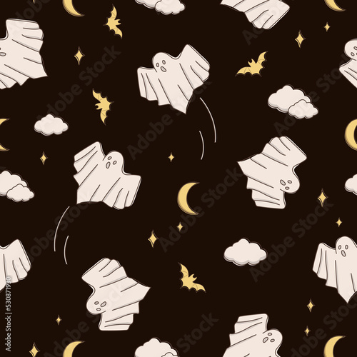 Vector seamless pattern with halloween autumn icons  bat  moon  ghost  star  cloud. Illustration with spooky boo for photo overlays  t-shirt print  flyer  poster design  textile