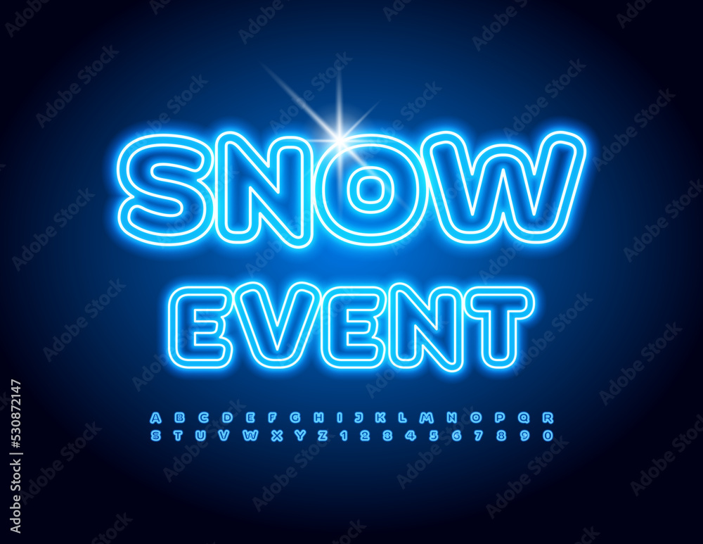 Vector neon logo Snow Event. Blue Bright Font. Glowing Artistic Alphabet Letters and Numbers set