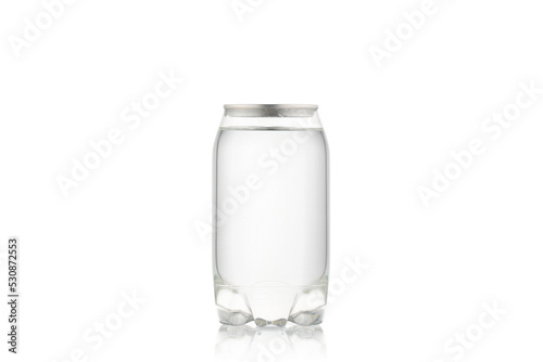 Plastic transparent can with clear liquid on a white background. 