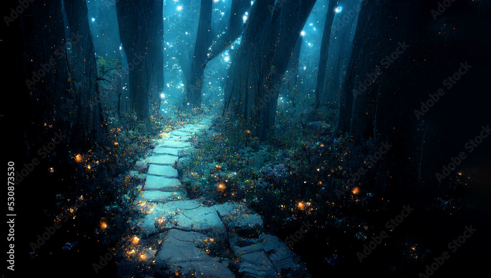 Tropical and exotic night forest,Fairytale forest with mystical magic lights. Living greenery of the forest.Unreal world. 3D illustration.background,environment,future imagine. - obrazy, fototapety, plakaty 