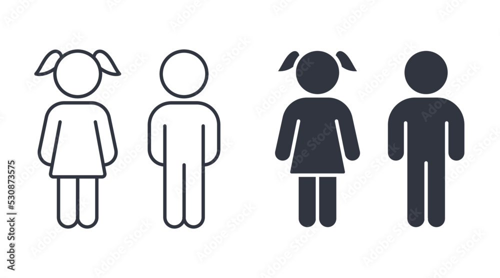 Vector boy and girl icons. Editable stroke. Set of line silhouette icons of children. Kids signs toilet changing room bathroom. Isolated elements on white background Vector boy and girl icons. Editable stroke. Set of line silhouette icons of children. Kids signs toilet changing room bathroom. Isolated elements on white background