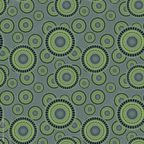 Seamless pattern with geometric aboriginal ornament. Ethnic tribal rounded color background. Afican, australian motiph. Dots painting. Vector illustration, template design for cloth, card, fabric