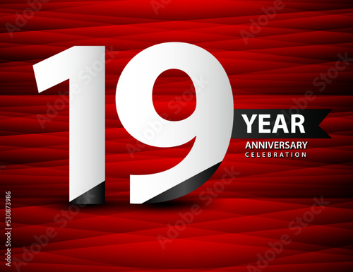 19 Year Anniversary Celebration Logo Vector On Red Background, 19 Number Design, 19th Birthday Logo, Logotype Number, Vector Anniversary For Celebration, Invitation Card, And Greeting Card