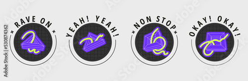 Stickers set of abstract geometric shapes. Flat vector illustration with 3d wireframe models. Concept psychedelic techno style.