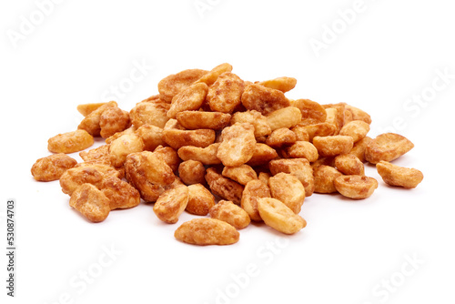 Caramelized almond nuts, isolated on white background.
