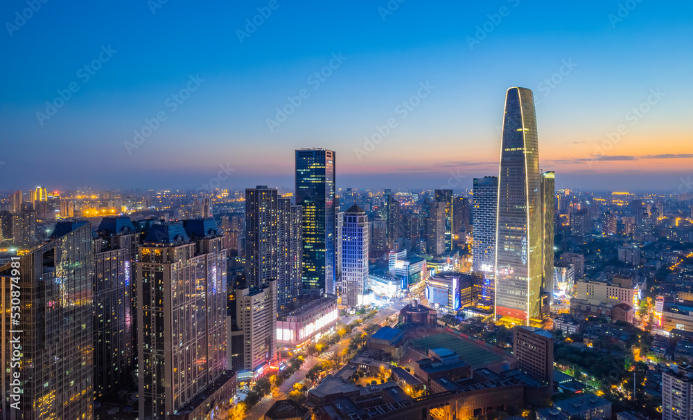 Naklejka premium Aerial view of Tianjin city buildings at night