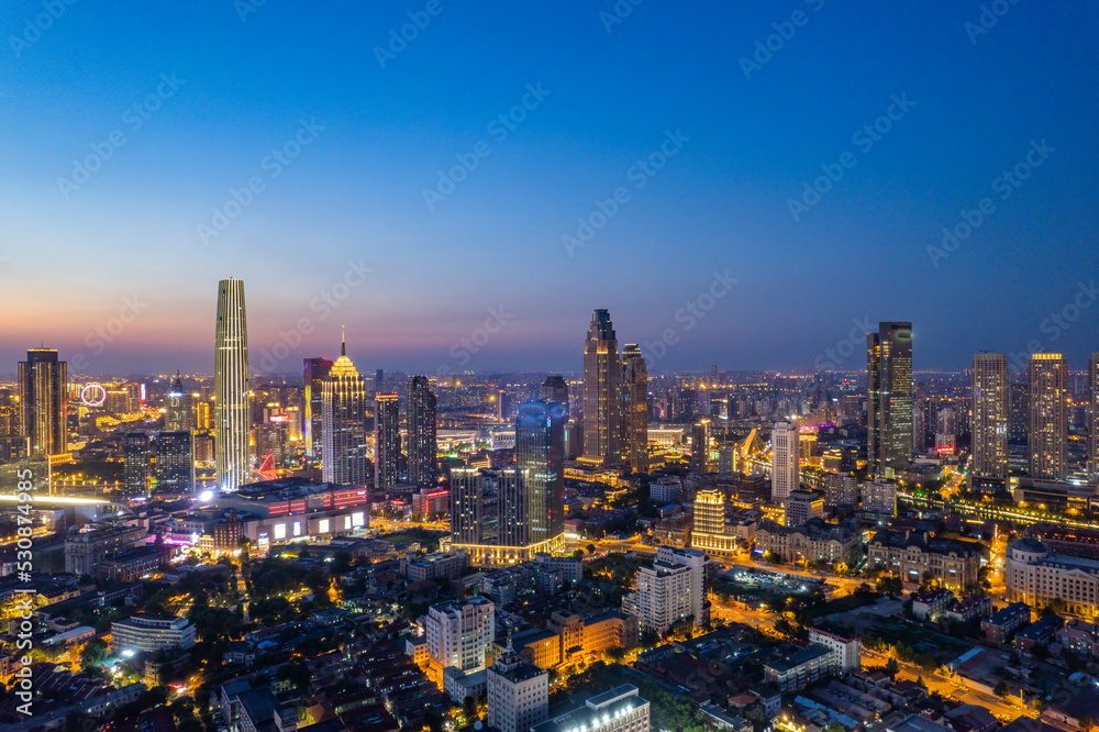 Fototapeta premium Aerial view of Tianjin city buildings at night