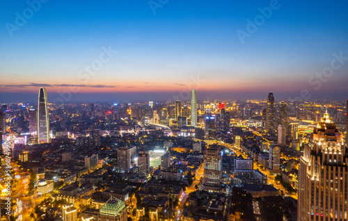 Aerial view of Tianjin city buildings at night