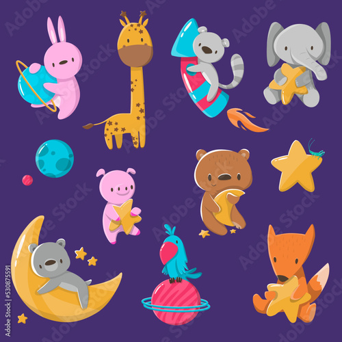 Cartoon collection of cute animals in space