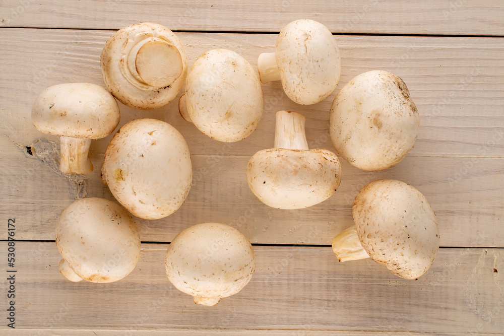 Several fresh organic mushrooms on a wooden table, close-up, top view.