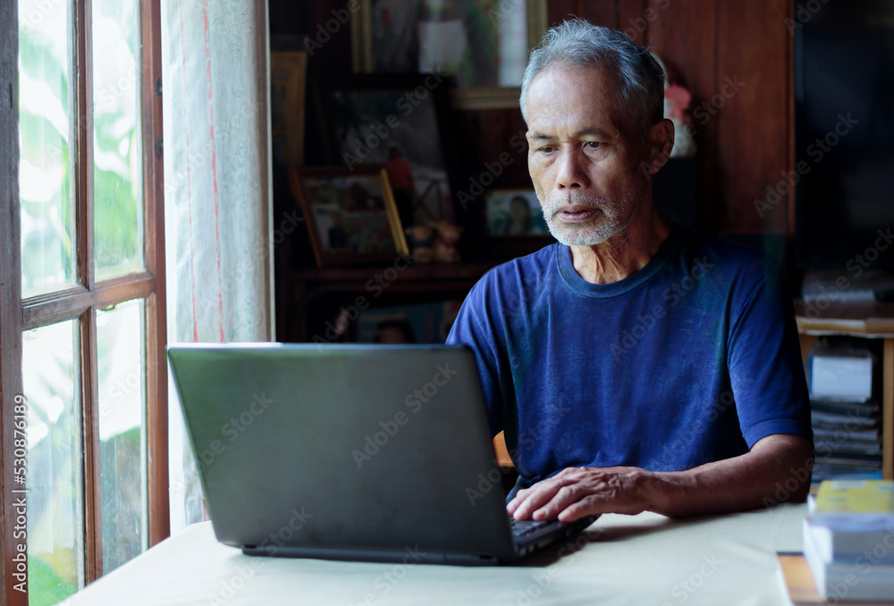 Asian senior man working at home connected to laptop computer